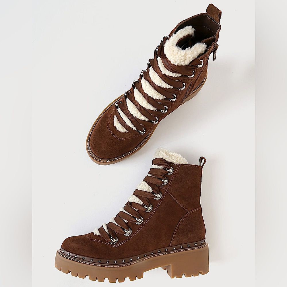 Steve Madden Rainier Cognac Brown Suede Leather Combat Boots Laces NWOT
